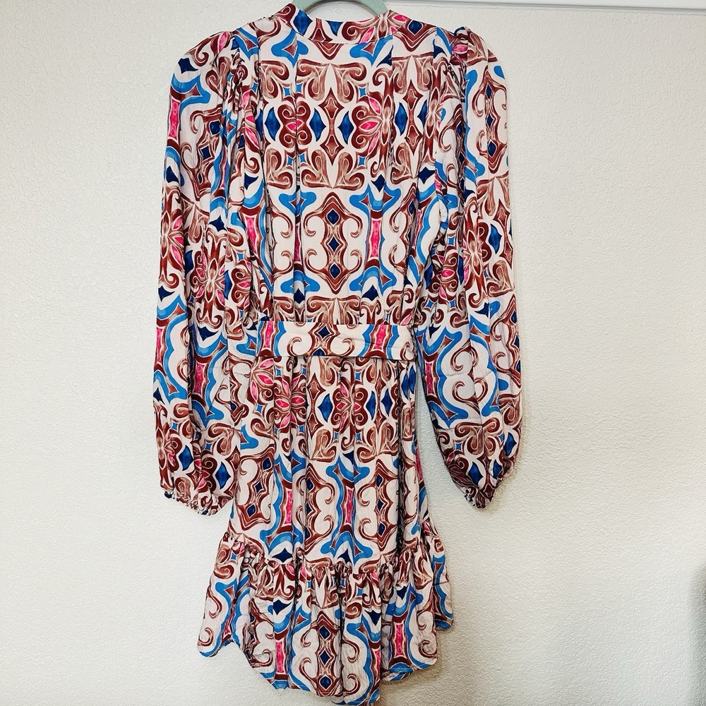 NWT Sam Edelman Women's Size 2 Long Sleeve Tie Waist Boho Mini Dress Multicolor - Picture 3 of 12